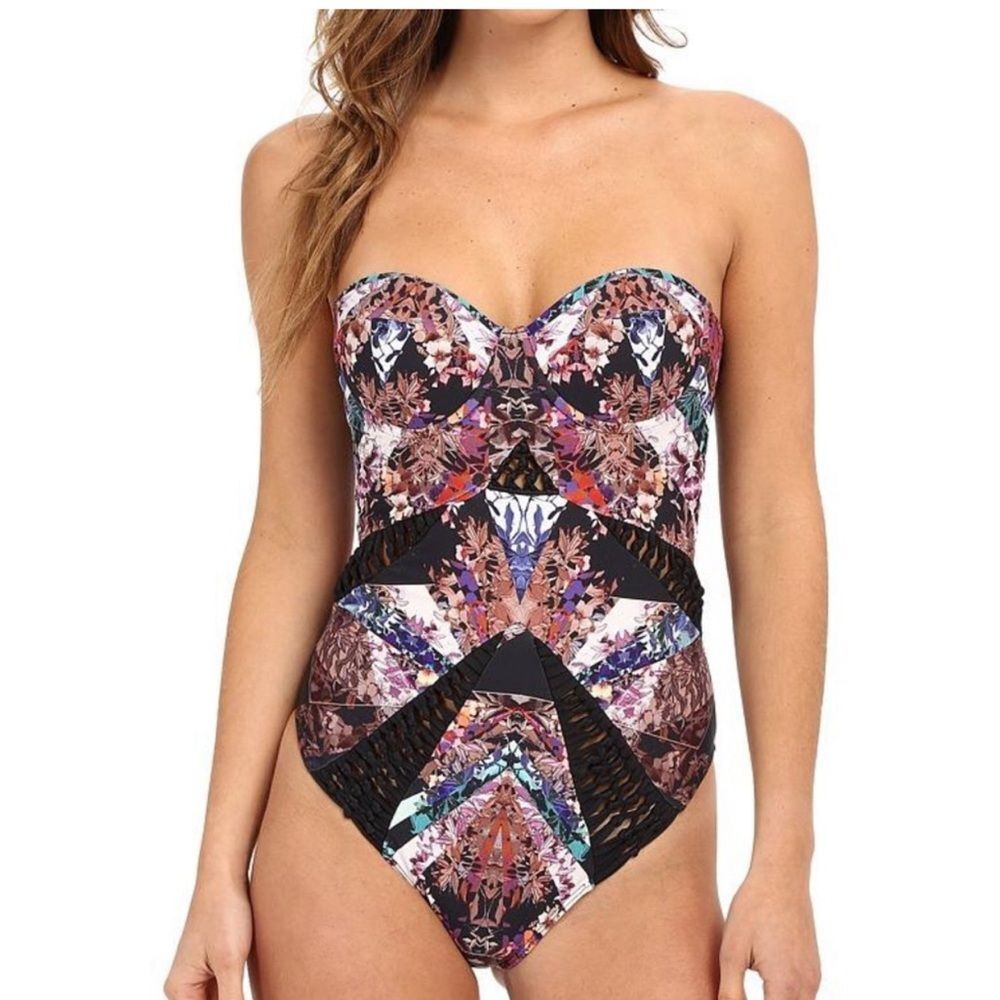 Beach Riot Patchwork Bustier Macrame strapless swimsuit Size Small